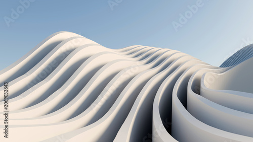 Photography 3D render of abstract white wavy lines forming a parametric landscape under a blue sky