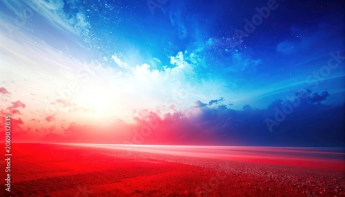 A surreal landscape features a vast expanse of land and sky bathed in vibrant red, white, and blue hues, evoking a patriotic or abstract natural scene.