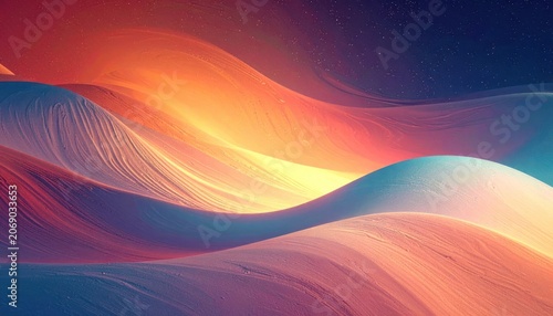 An abstract landscape with flowing dunes in warm orange and cool blue hues under a starry sky.