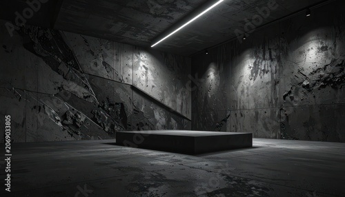 An industrial-style exhibition space with a minimalist design features a raised platform in the center, illuminated by harsh overhead lighting.