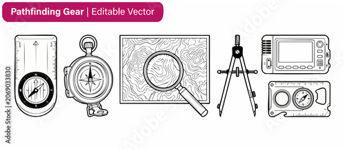 Foto Compass navigation map vector set for outdoor adventure exploration and pathfinding gear elements including dividers magnifying glass gps navigator scale ruler line art graphics on a white background