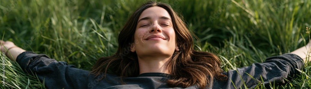 Fototapeta premium Closeup young woman relaxing in tall meadow grass with arms out for nature banner and calm lifestyle wallpaper