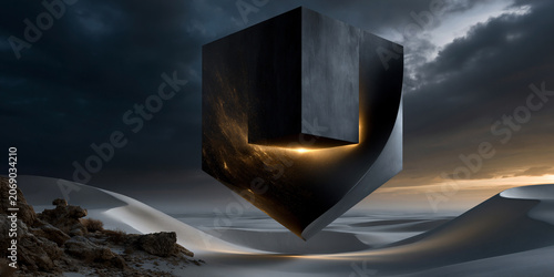 floating black cube emitting golden light over endless white landscape, impossible balance luxury future concept with golden glow, posthuman luxury vision of ai wealth and innovation landscape