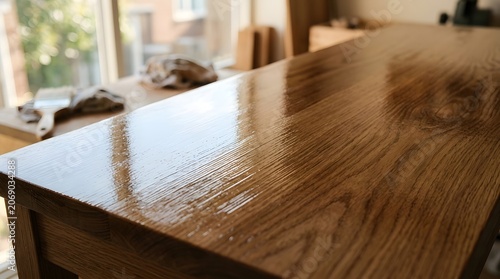 Freshly varnished wooden table surface, showing glossy protective coating and enhanced natural wood grain.