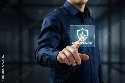 Man Pointing to Virtual Screen Displaying Health Monitoring Graphic with Medical Shield and Heartbeat Pulse Icon for Telemedicine and Corporate Wellness App Concept