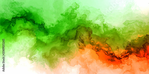 Tri-color Smoke Abstract A vibrant abstract of tri-color smoke, evoking the colors of the Indian flag, flows dynamically across the frame, creating a visually striking and energetic composition.
