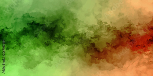 Fotografie Abstract Haze of Color Swirls and Blends A vibrant abstract composition featuring a dynamic blend of green, red, and orange smoky wisps
