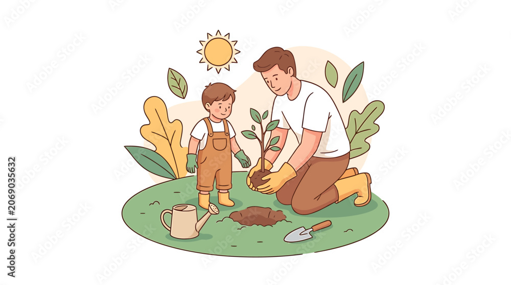 Fototapeta premium Father and son planting young tree in garden