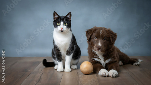 Tuxedo Cat and Fluffy Brown Australian Shepherd Puppy Sitting Together on Wooden Floor with Toy Ball Against Gray Studio Background for Pet Care Concept