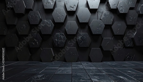 A dark, textured background of hexagonal and square tiles with a gritty, industrial aesthetic.