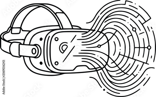 VR Headset Projecting Digital Waves Line Art