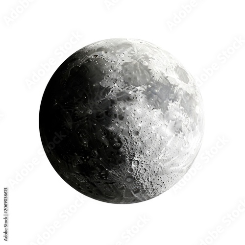 Full Moon Isolated on White Background with Craters and Shadows.