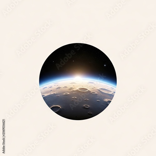Stunning Sunrise Over a Cratered Alien Planet with Distant Starfield.