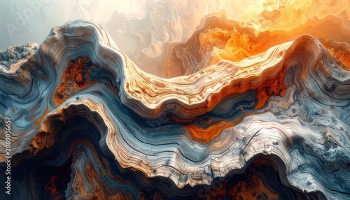 Abstract close-up of weathered wood grain with swirling patterns and vibrant orange and blue hues.