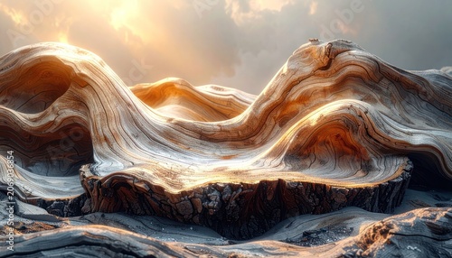 Abstract landscape formed by weathered driftwood bathed in warm sunset light.