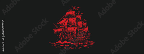 Фотография Pirate Warship Vintage Vector Clothing Apparel Illustration