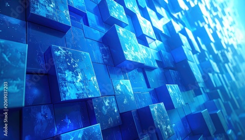 An abstract digital art piece featuring a wall of blue cubes with a textured, almost marble-like pattern.