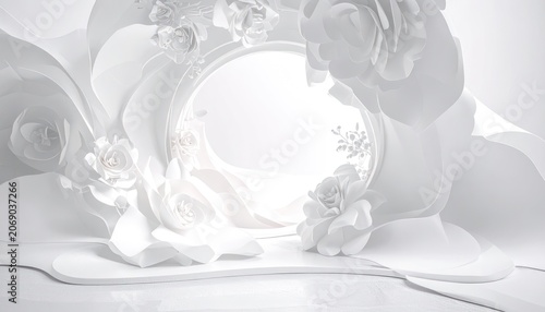 An ethereal white scene featuring delicate paper flowers and a circular frame, suggesting elegance and purity.