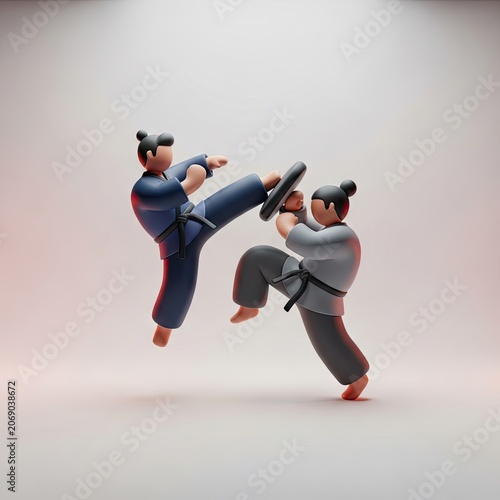 3D Render of Two Clay-Style Figures Practicing Martial Arts with a Kick Pad.
