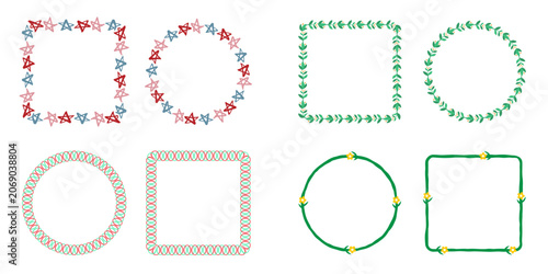 Hand drawn cute doodle frame vector set with circle and square borders of stars, leaves, and flowers on a transparent background