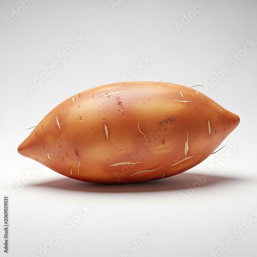 Single Fresh Uncooked Sweet Potato on a White Background.