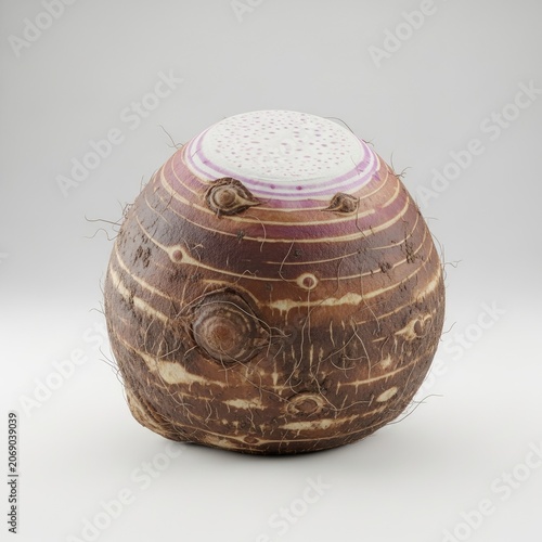 Single Taro Root Vegetable with Brown Skin and White Top on a White Background.
