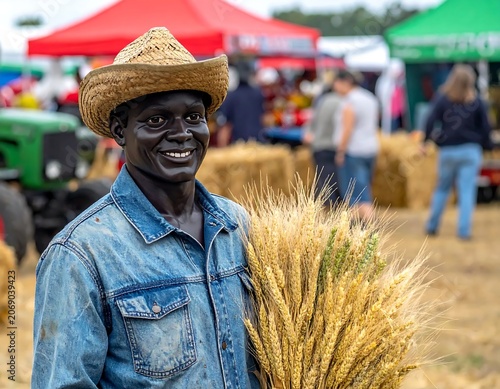 Smiling Farmer Holding Wheat Bundle at Outdoor Market Fair