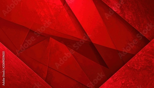 A vibrant abstract background features overlapping geometric shapes and planes in various shades of red, with a textured surface that suggests brushed metal or stone.