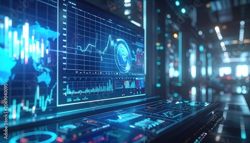 Advanced technological dashboard displaying global financial data and complex analytics.