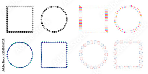 Geometric doodle frame and border vector set with circle and square shapes featuring zigzags, colorful dots, and lines on a transparent background