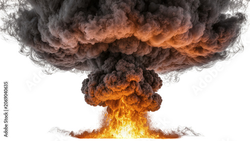 Massive mushroom cloud explosion with orange flames, isolated on transparent background