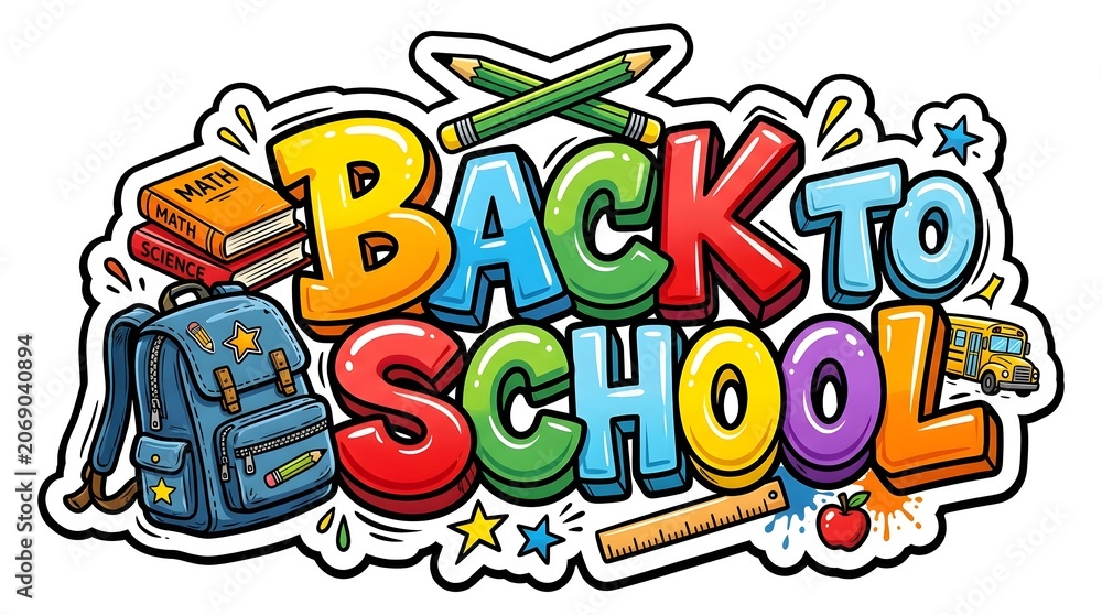 Fototapeta premium Vibrant Back to School Graffiti Sticker Design with Books, Backpack, and School Supplies