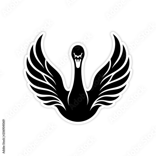 A black swan spreads its wings on a white background with graphic design