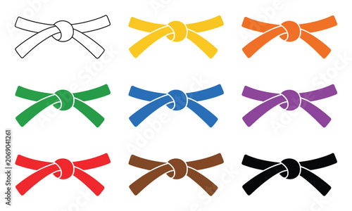 Karate belts set, martial arts rank belts on white background, training achievement symbols, vector illustration.