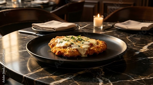 A sophisticated presentation of chicken romano featuring breaded poultry with melted cheese on a black plate over a dark marble table in a luxury dining room.