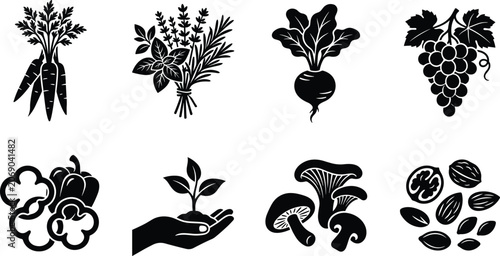 Black silhouette organic food and agriculture vector icon set featuring vegetables fruits herbs and nuts