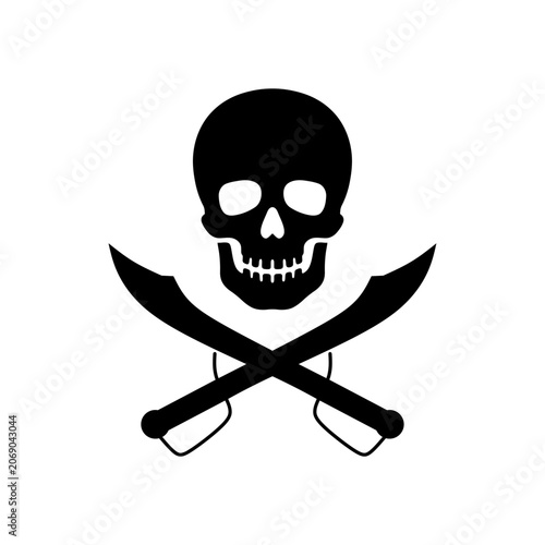 Pirate skull crossbones with crossing sabers or scimitar cutlass pirate swords. Skull and Crossed Swords. nautical jolly roger emblem, gothic saber and skeleton head graphic, isolated white background