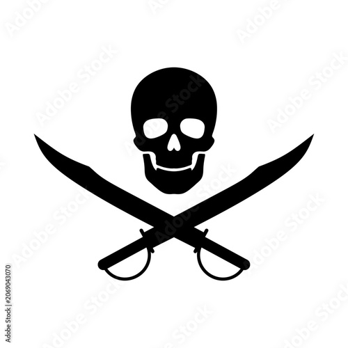 Pirate skull crossbones with crossing sabers or scimitar cutlass pirate swords. Skull and Crossed Swords. nautical jolly roger emblem, gothic saber and skeleton head graphic, isolated white background