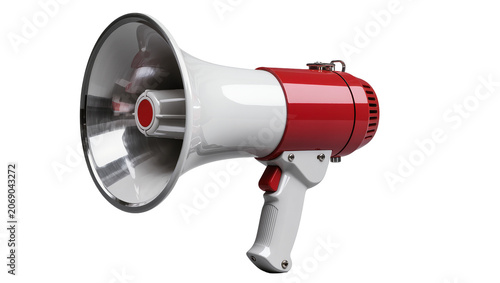 Tableau sur toile Red and white megaphone with metallic horn, isolated on transparent background