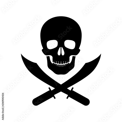 Pirate skull crossbones with crossing sabers or scimitar cutlass pirate swords. Skull and Crossed Swords. nautical jolly roger emblem, gothic saber and skeleton head graphic, isolated white background