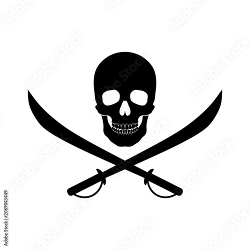 Pirate skull crossbones with crossing sabers or scimitar cutlass pirate swords. Skull and Crossed Swords. nautical jolly roger emblem, gothic saber and skeleton head graphic, isolated white background