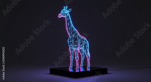 Neon Giraffe Sculpture on Display with Futuristic Glow and Dark Background.