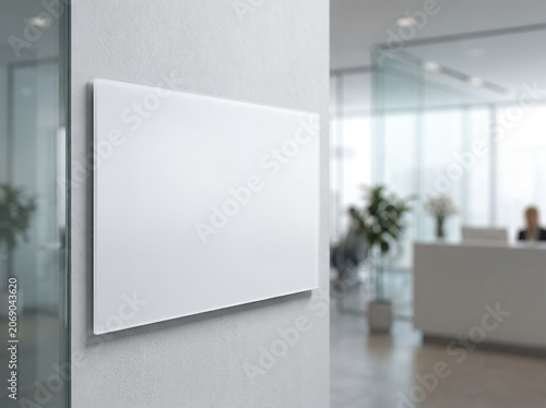 blank white acrylic sign wall mounted office lobby mockup corporate foreground blank mockup scene about wall mounted acrylic sign in modern office lobby with blank surface for corporate identity and