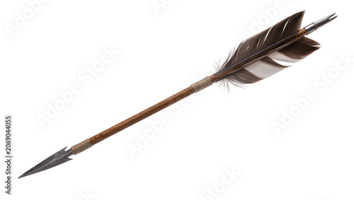 Photos Sharp metal arrowhead and feathered fletching on wooden shaft, isolated on trans