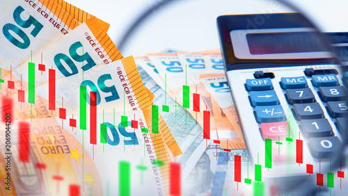 Currency trading. Euro banknotes and calculator with candlestick chart illustrate financial analysis, exchange rates and forex market planning