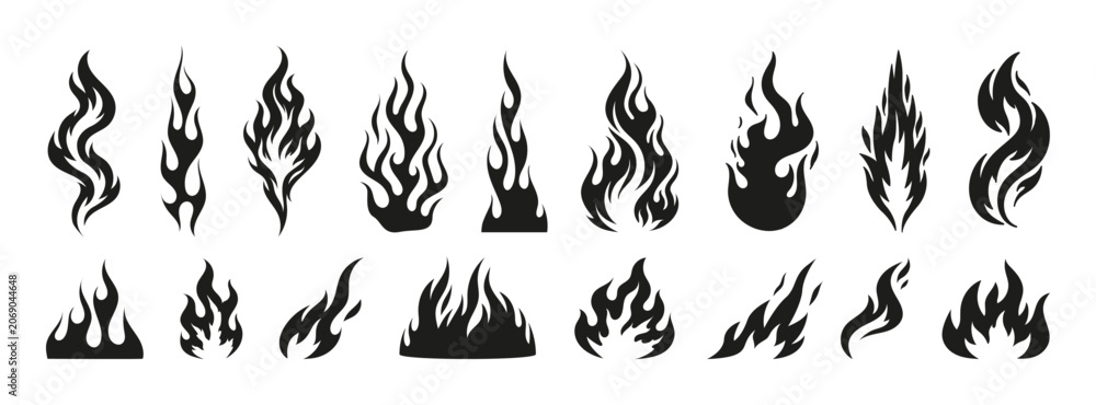 Fototapeta premium Various pillars of fire, flame silhouettes. Set of black flame silhouettes in varied shapes, isolated on white background. Old school, tattoo style. Silhouettes flames, fire, blaze. Vector graphic set