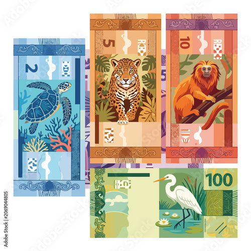 Canvas Print Set of colorful paper money featuring various wild animals