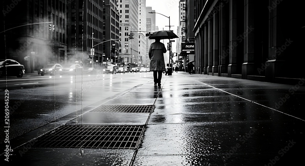 Obraz premium A lonely figure walks down a rainy city street in black and white.