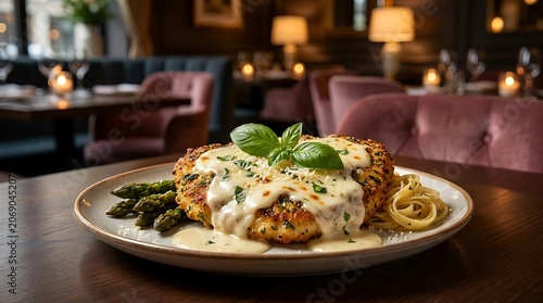Chicken romano dish featuring crispy breading, melted cheese sauce, and fresh basil garnish served with asparagus and pasta in a premium restaurant atmosphere.