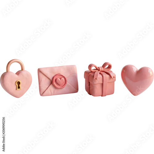 Pink Valentine's Day icons, heart lock, envelope, gift box, heart shape, love symbols